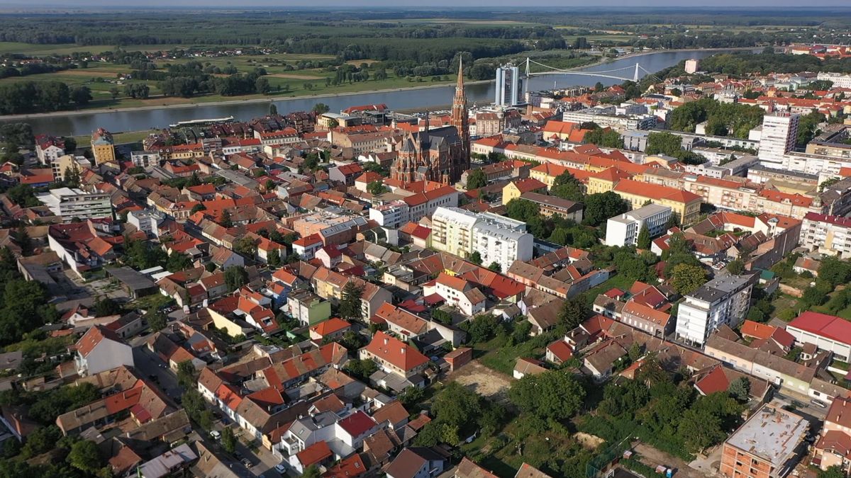 The Drava and the Cathedral of Saints Peter and Paul in Osijek