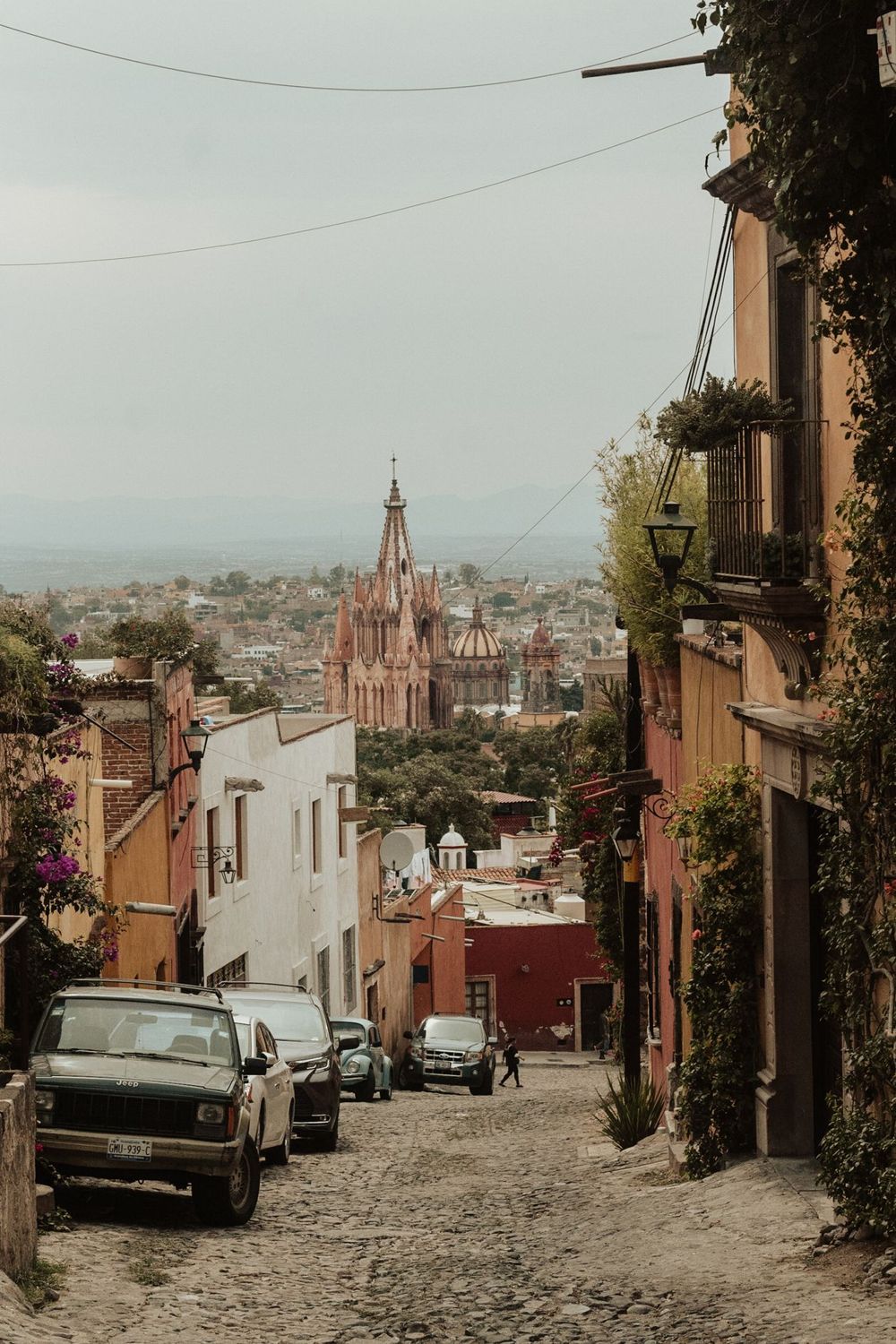 A cobblestone street toward the Parroquia, San Miguel de Allende